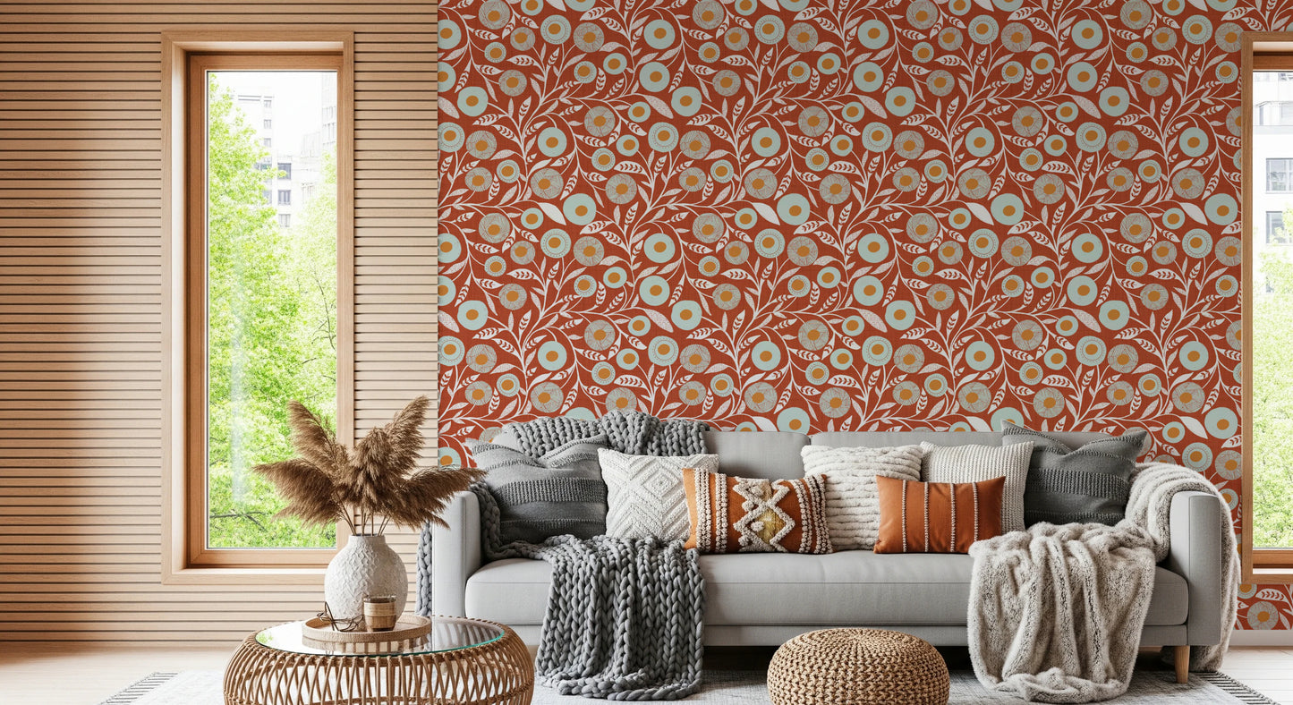 Papier peint artisanal botanique à motifs floraux et terre cuite brûlée, style scandinave chaleureux