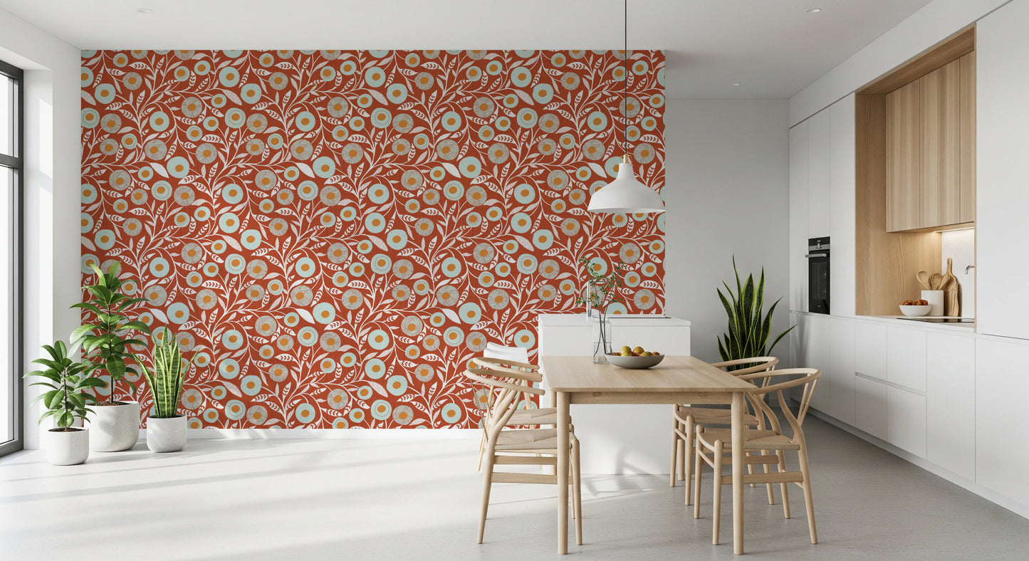 Papier peint artisanal botanique à motifs floraux et terre cuite brûlée, style scandinave chaleureux