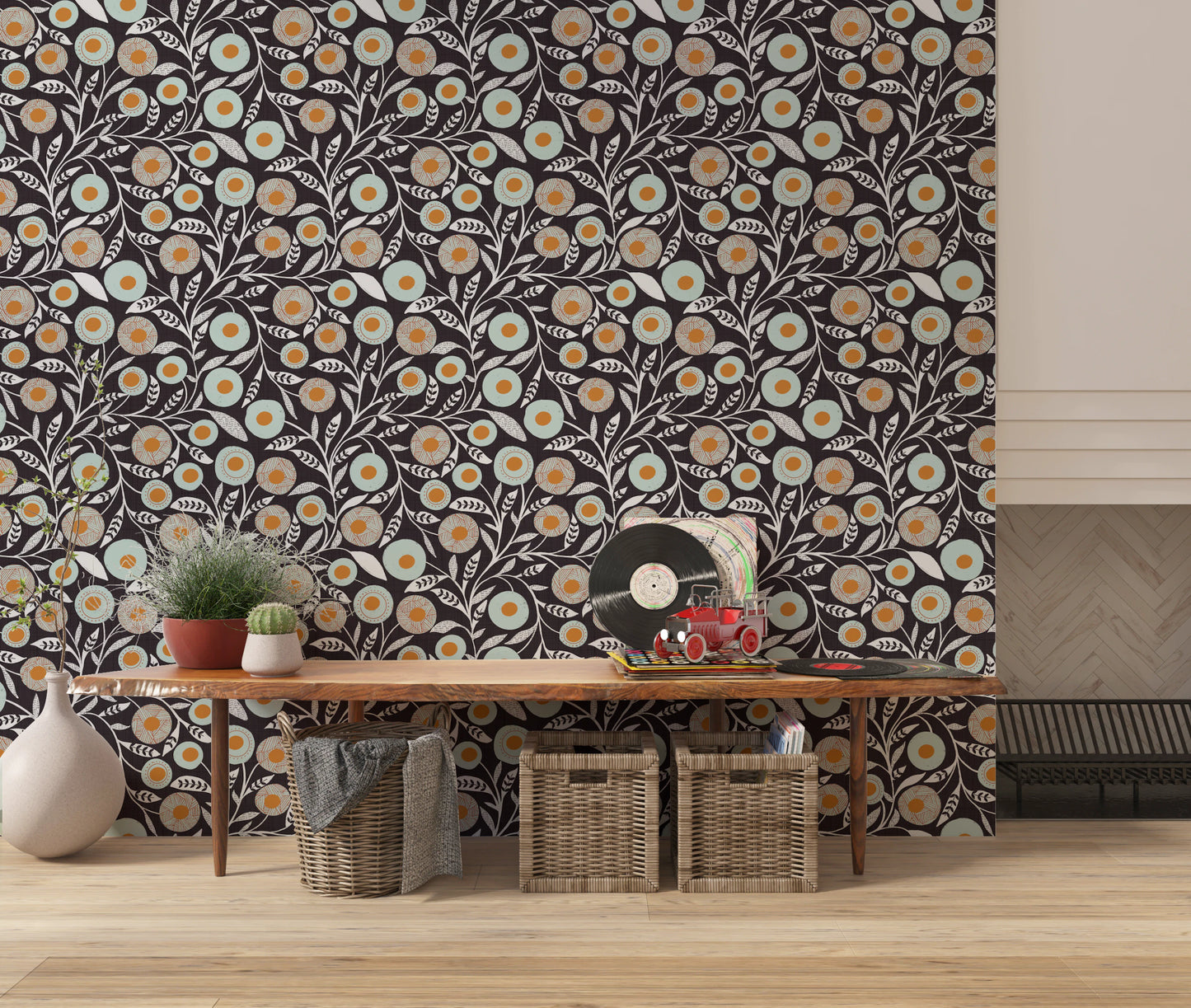 Lin chaud et chaleureux à motifs floraux scandinaves et folk - Papier peint botanique artisanal