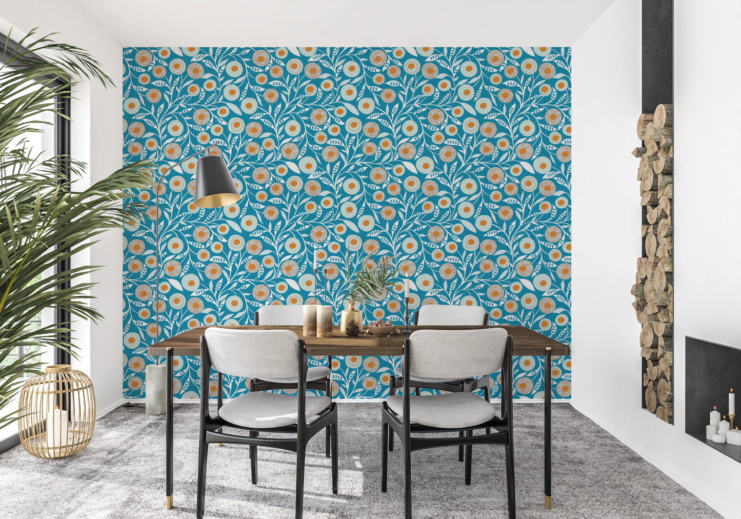 Gemütliche skandinavische Folk-Floral-Nordische Türkis - Handwerkliche botanische Tapete