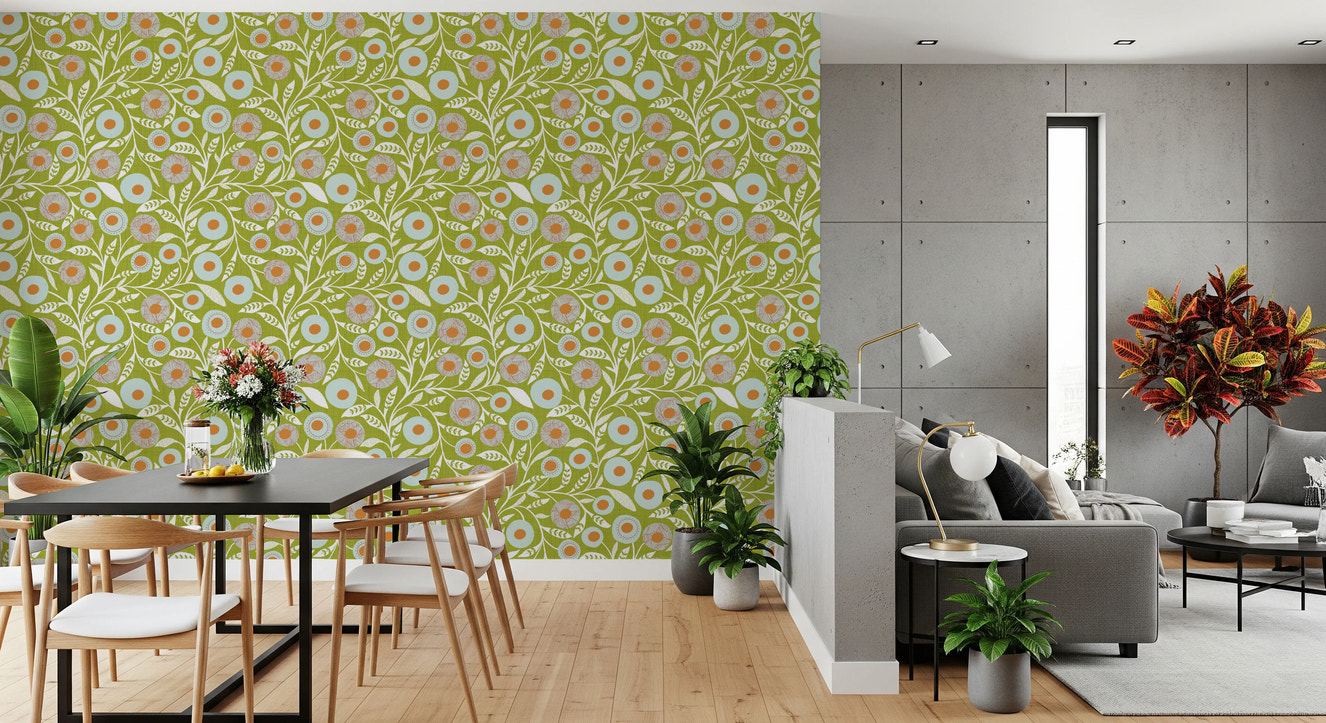 Cozy Scandi Folk Floral Olive Chartreuse - Craft Botanical Wallpaper⁠