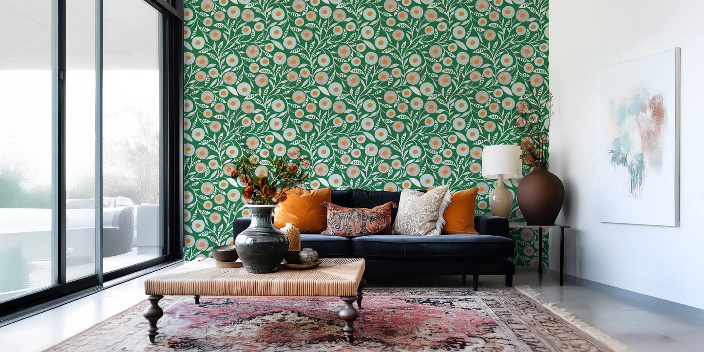 Cozy Scandi Folk Floral Olive Chartreuse - Craft Botanical Wallpaper⁠