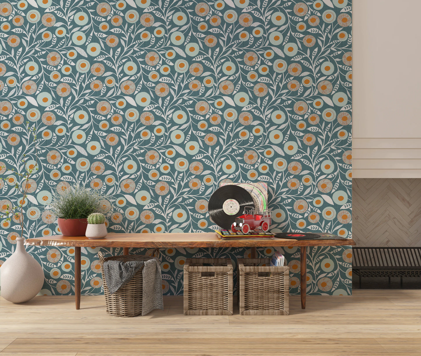 Cozy Scandi Folk Floral Nordic Blue Grey - Craft Botanical Wallpaper⁠