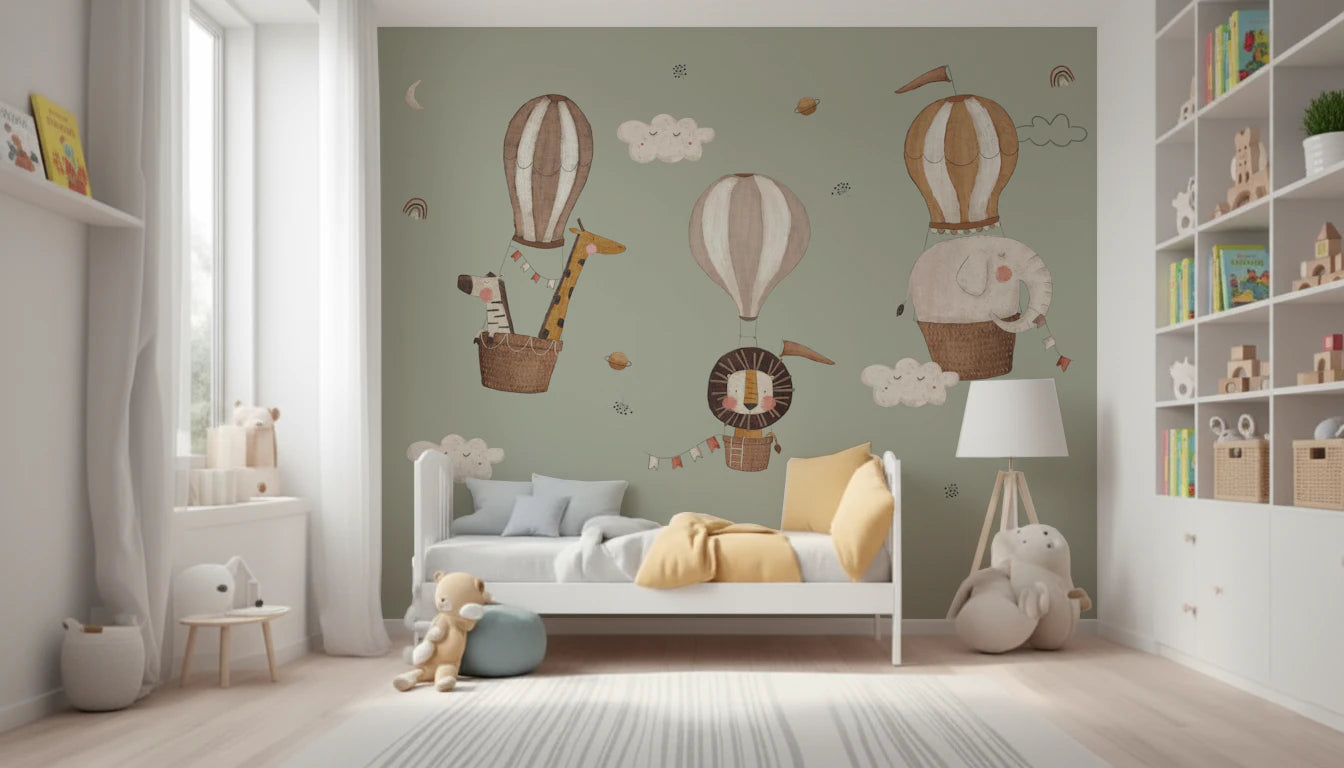 Whimsical Animal Balloon Ride Green Wall Mural