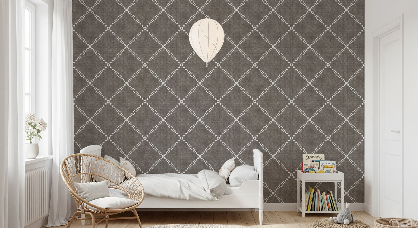 Boho Dotted Trellis Grunge Dark Bark Wallpaper⁠