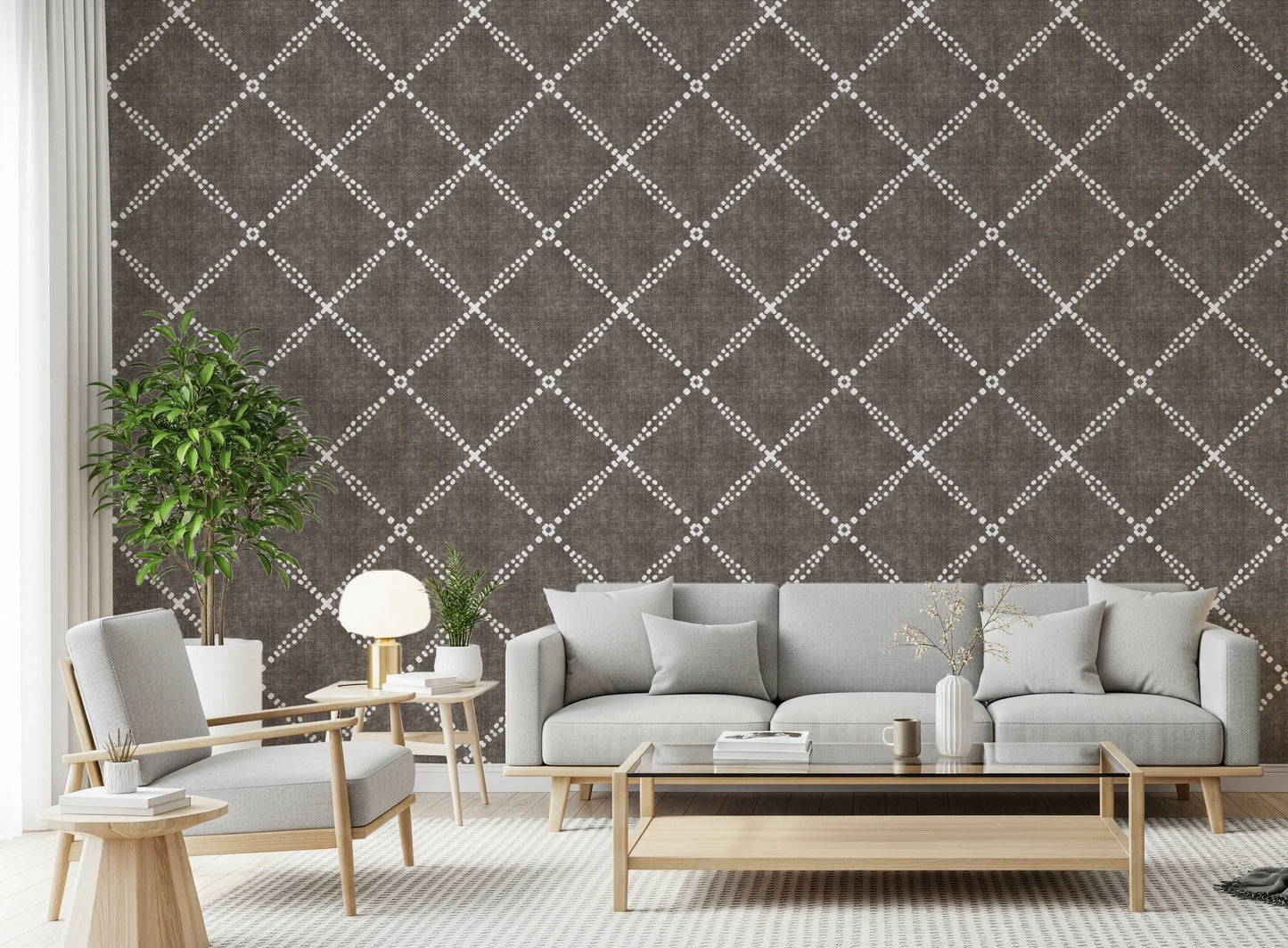 Boho Dotted Trellis Grunge Dark Bark Wallpaper⁠