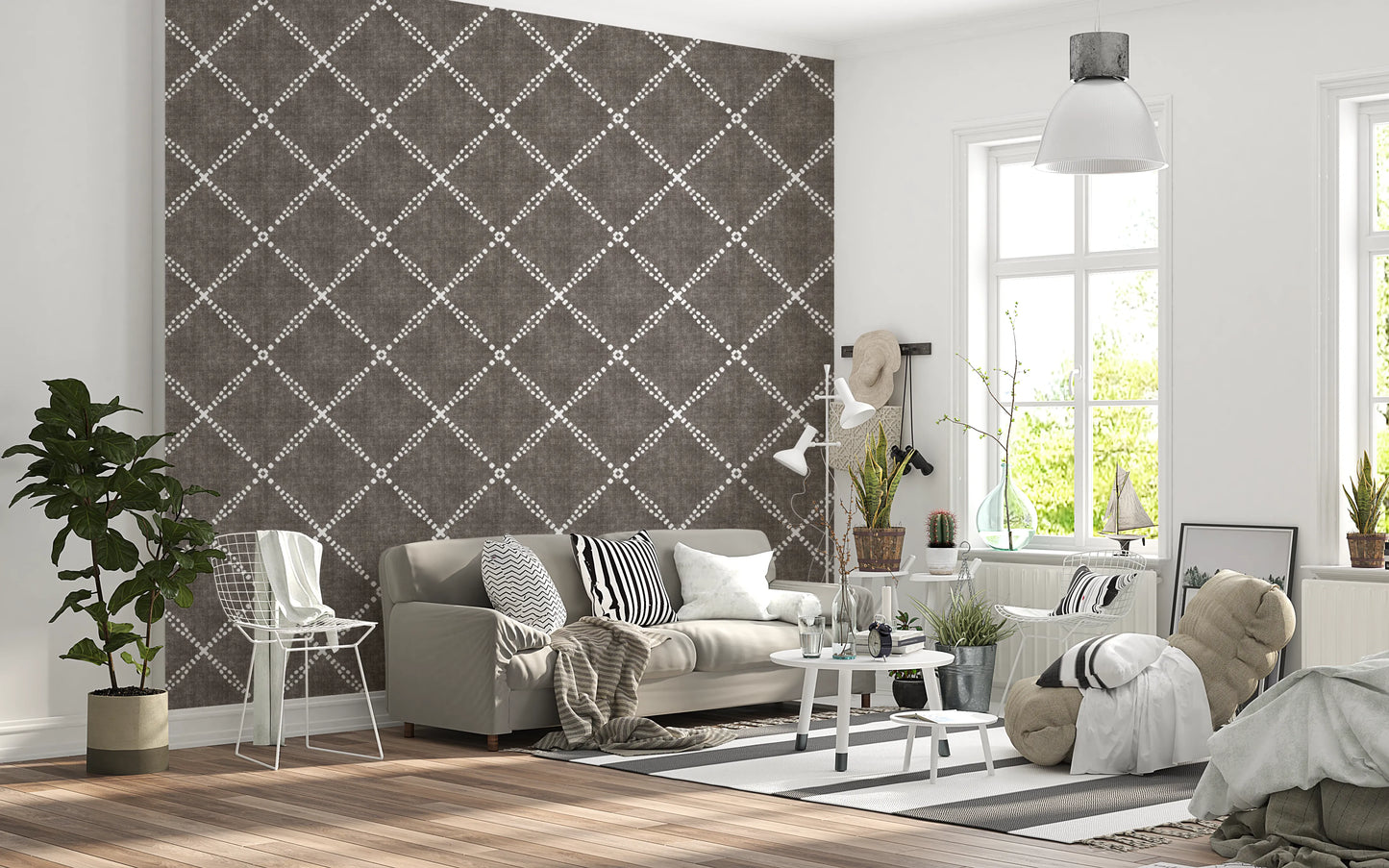 Boho Dotted Trellis Grunge Dark Bark Wallpaper⁠