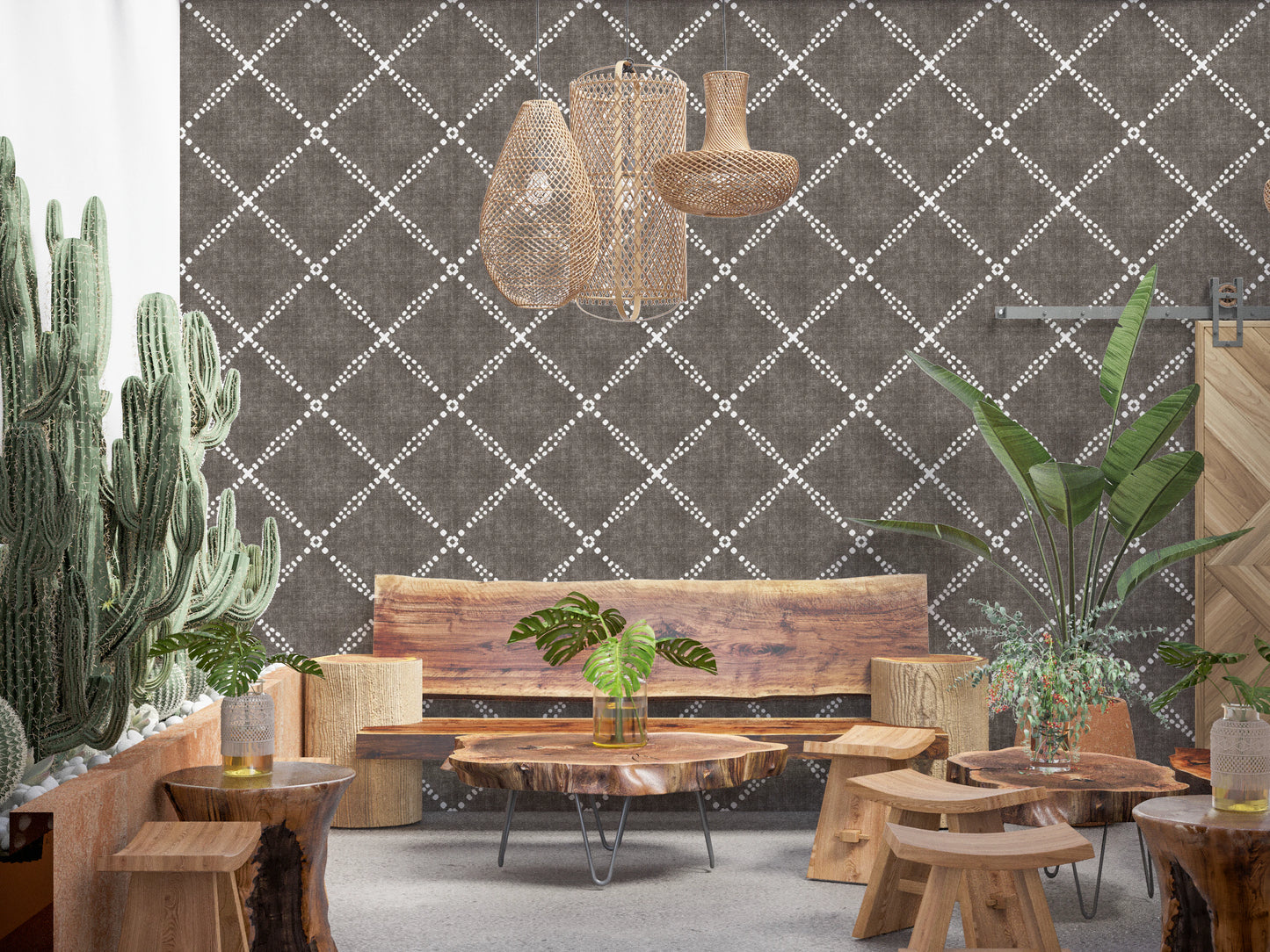 Boho Dotted Trellis Grunge Dark Bark Wallpaper⁠