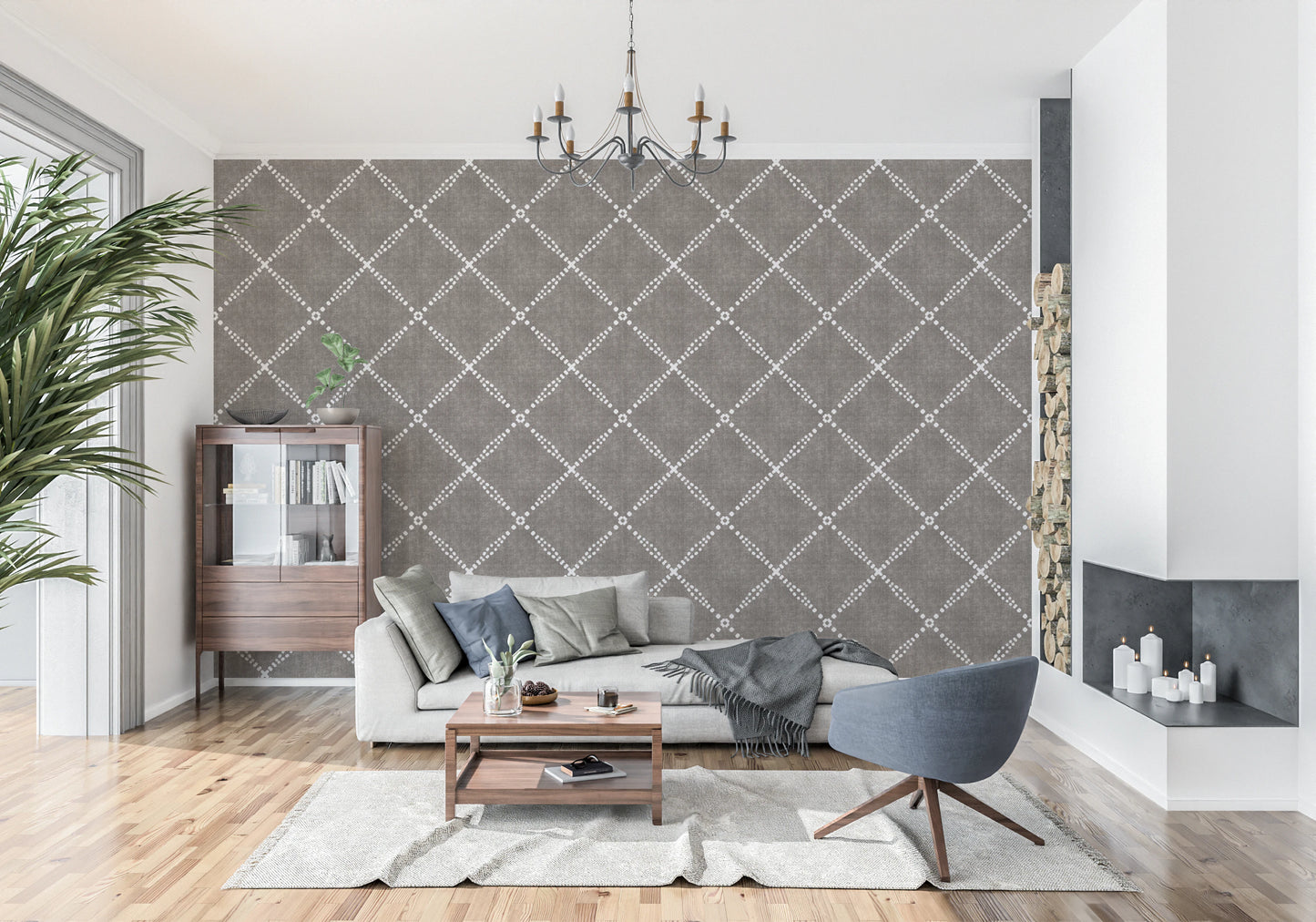 Boho Dotted Trellis Grunge Dark Bark Wallpaper⁠