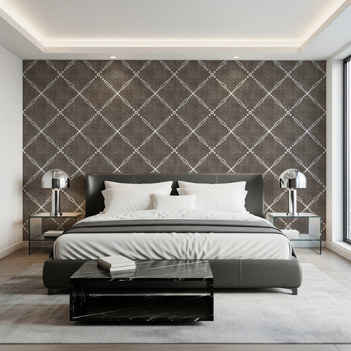 Boho Dotted Trellis Grunge Dark Bark Wallpaper⁠