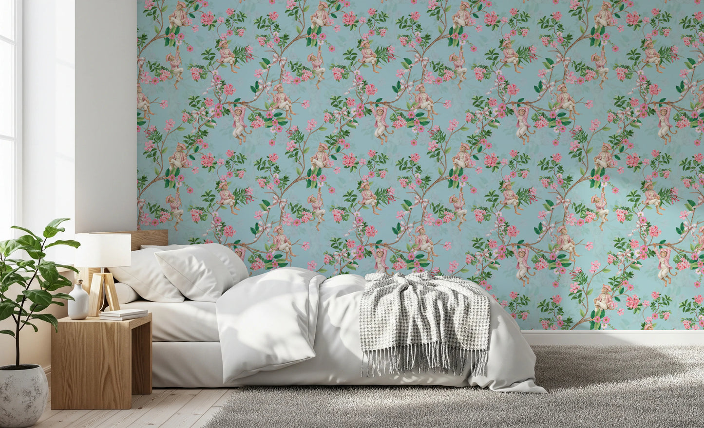 Carta da parati blu con festa del vino, festa in giardino, vigneto aristocratico vintage e scimmie rococò stravaganti⁠