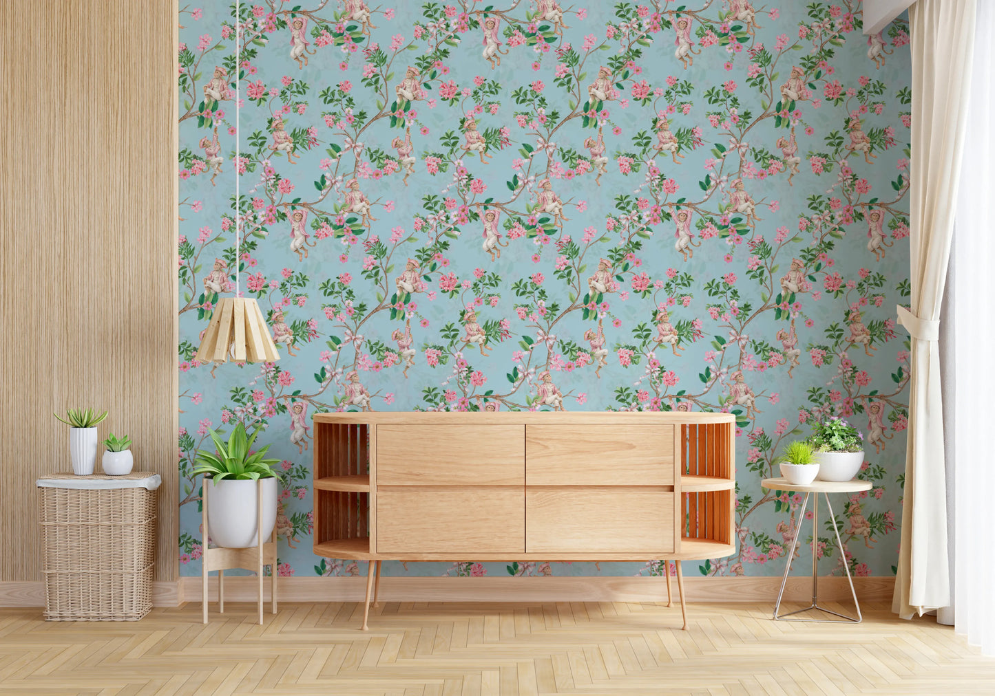 Carta da parati blu con festa del vino, festa in giardino, vigneto aristocratico vintage e scimmie rococò stravaganti⁠