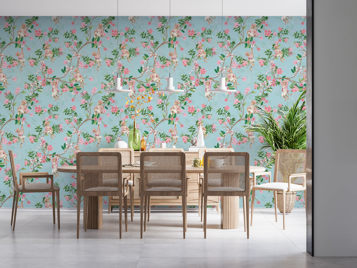 Carta da parati blu con festa del vino, festa in giardino, vigneto aristocratico vintage e scimmie rococò stravaganti⁠