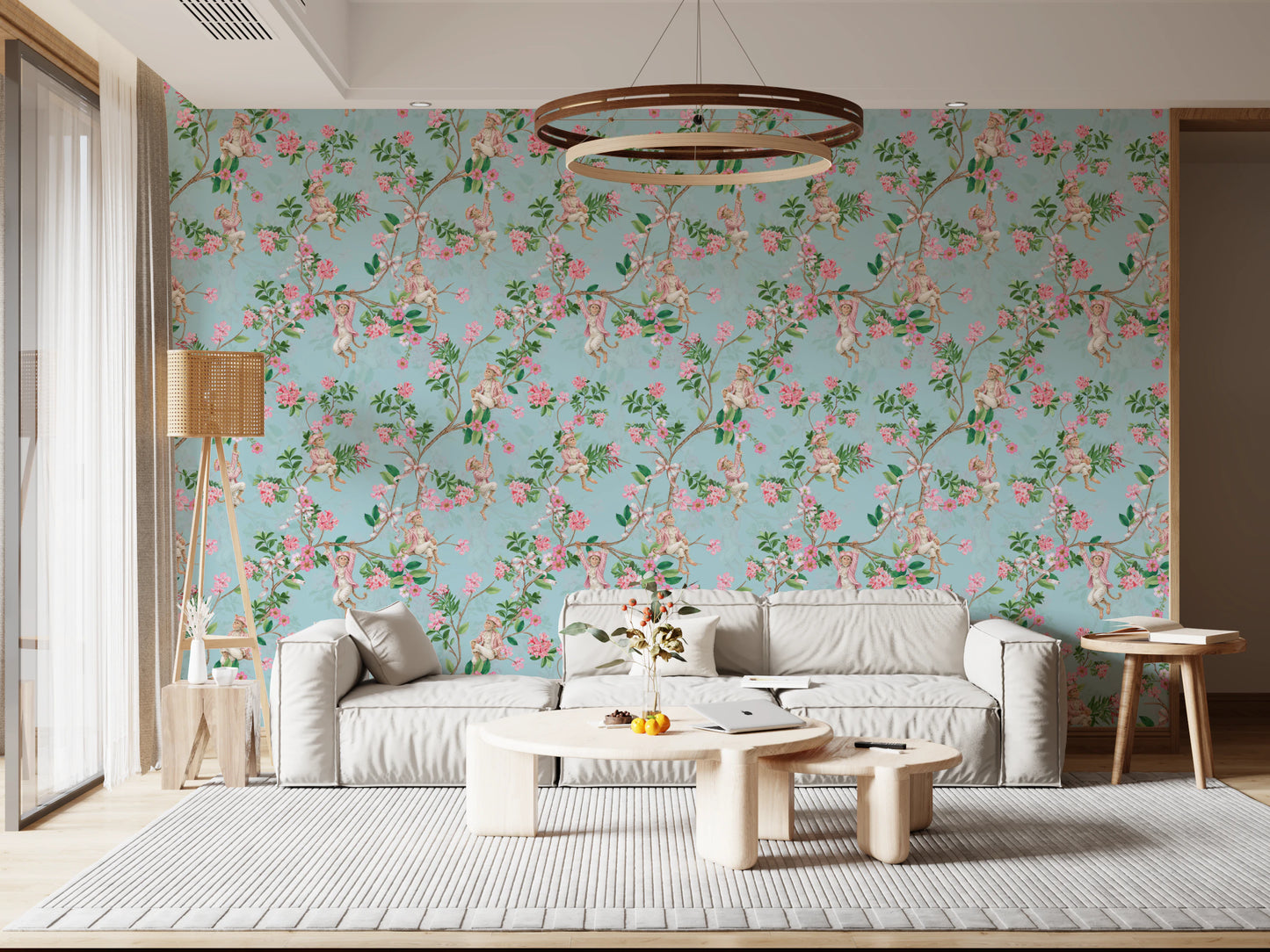 Carta da parati blu con festa del vino, festa in giardino, vigneto aristocratico vintage e scimmie rococò stravaganti⁠