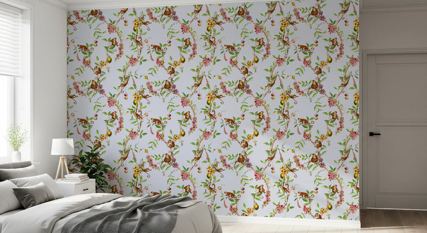 Whimsical Playing Monkeys Family Vintage Exotic Garden blue Wallpaper⁠