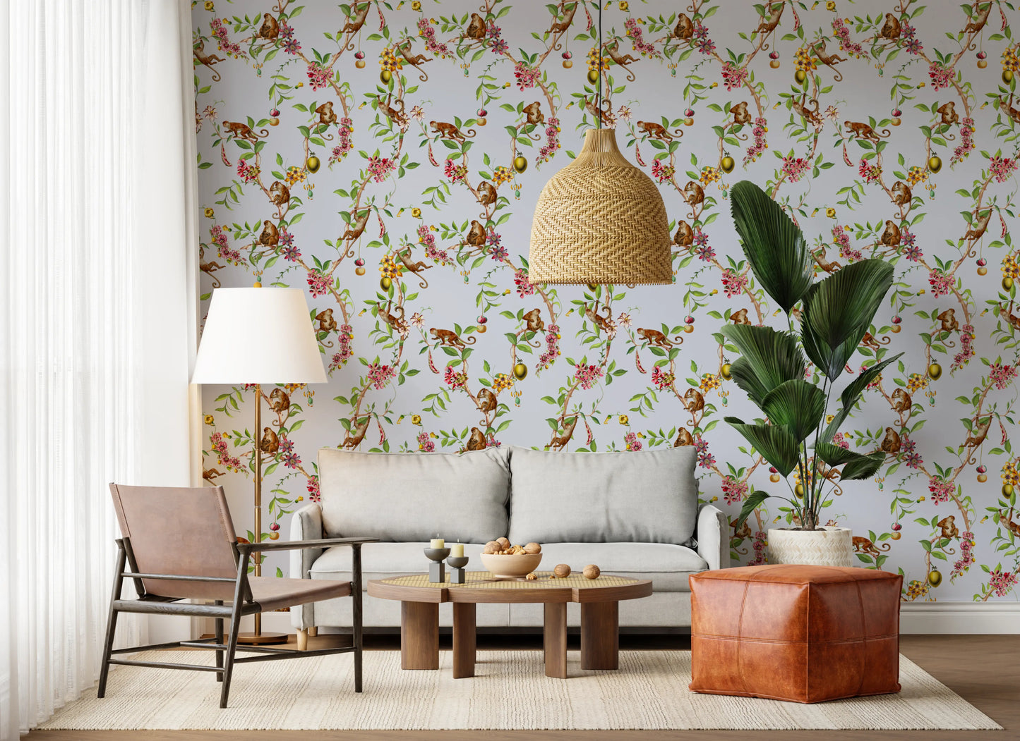 Whimsical Playing Monkeys Family Vintage Exotic Garden blue Wallpaper⁠