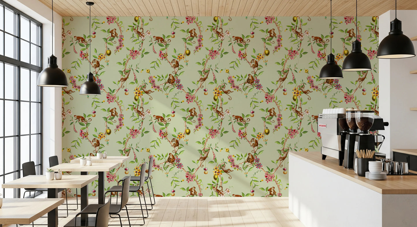 Whimsical Playing Monkeys Family Vintage Exotic Garden green Wallpaper⁠