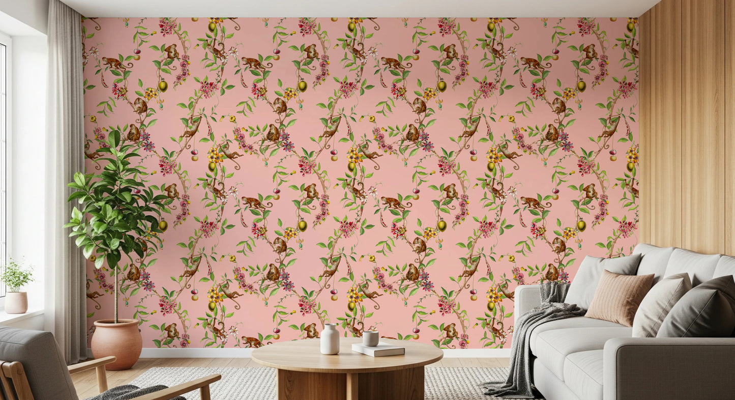 Whimsical Playing Monkeys Family Vintage Exotic Garden pink Wallpaper⁠