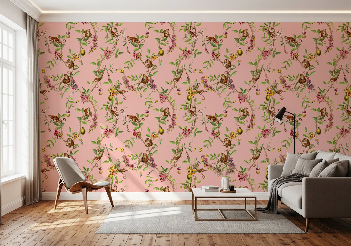 Whimsical Playing Monkeys Family Vintage Exotic Garden pink Wallpaper⁠