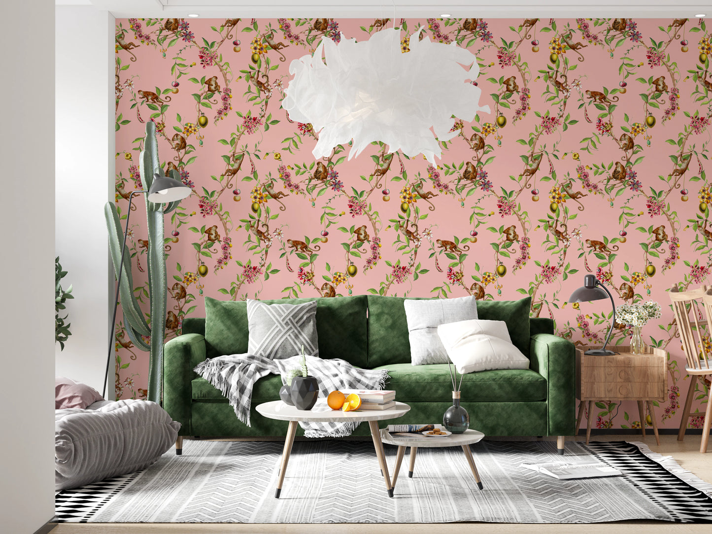 Whimsical Playing Monkeys Family Vintage Exotic Garden pink Wallpaper⁠