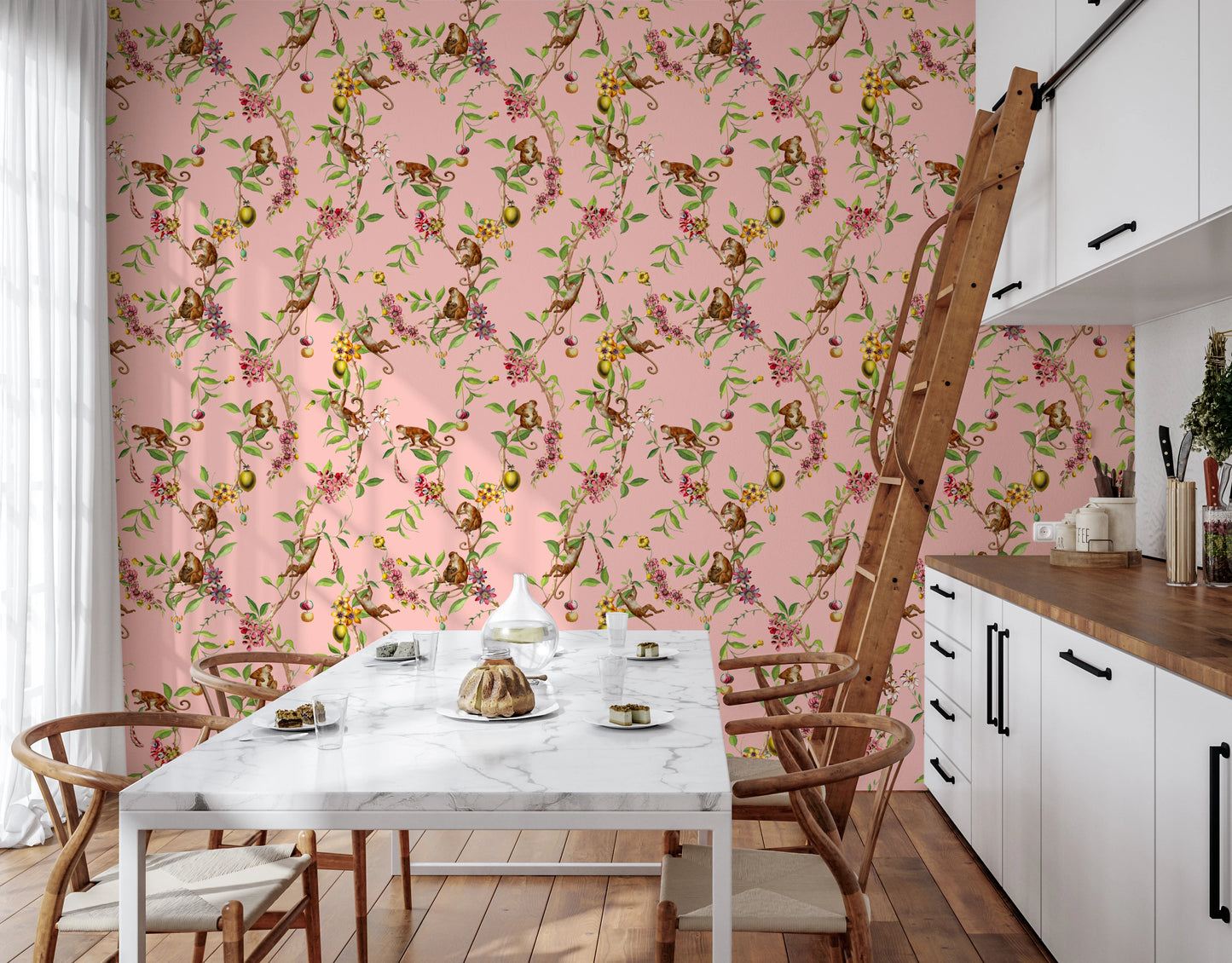 Whimsical Playing Monkeys Family Vintage Exotic Garden pink Wallpaper⁠