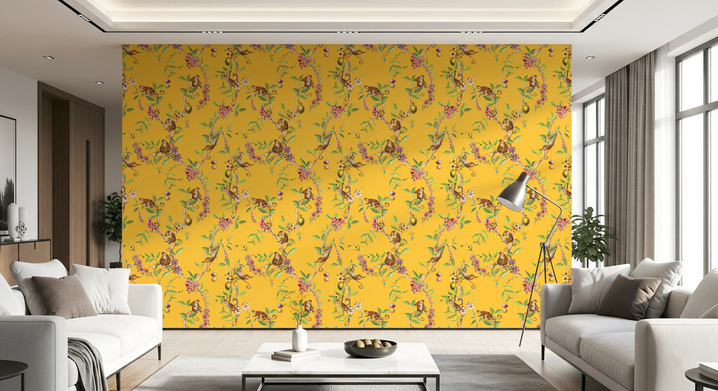 Whimsical Playing Monkeys Family Vintage Exotic Garden yellow Wallpaper⁠