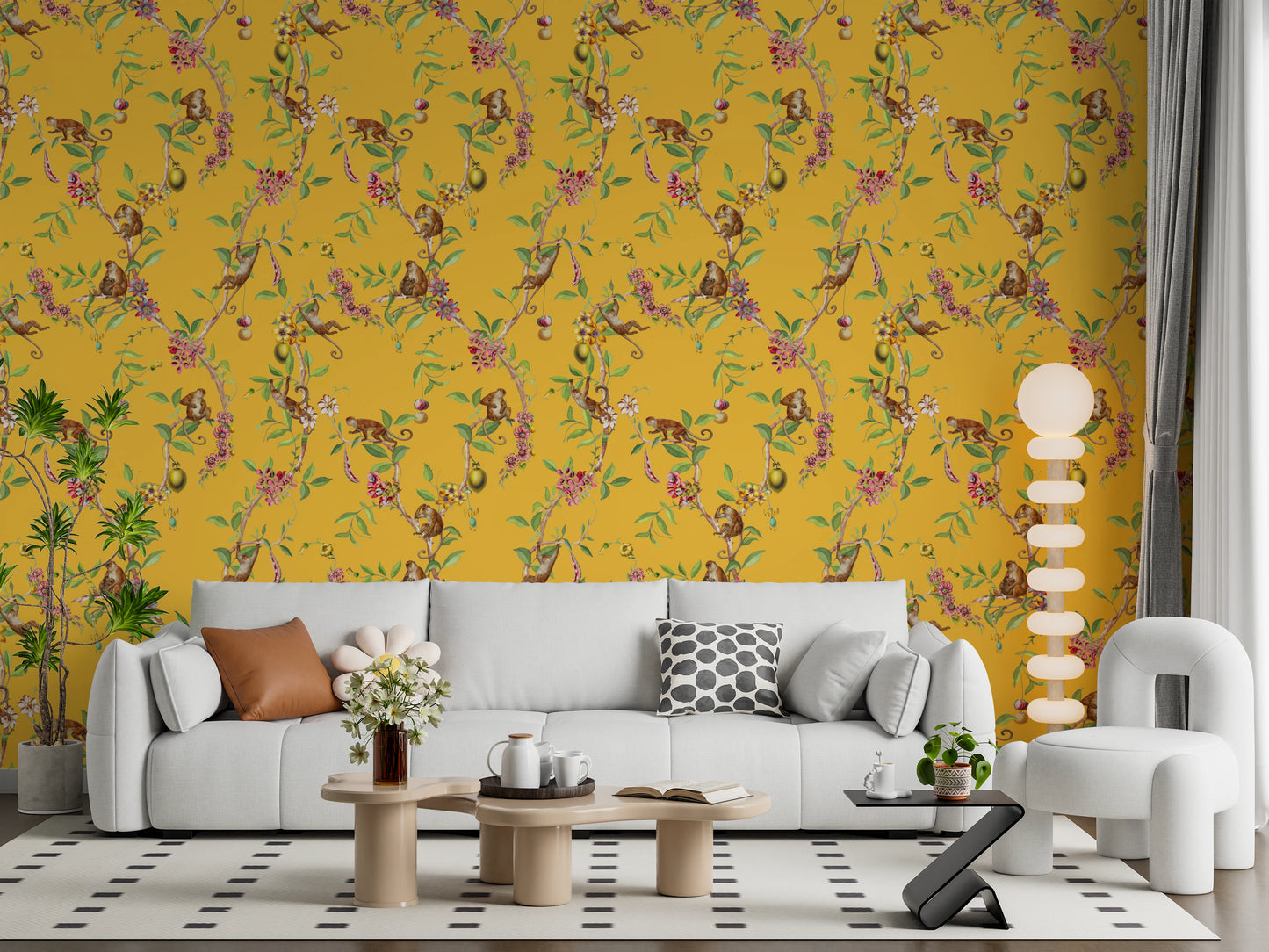 Whimsical Playing Monkeys Family Vintage Exotic Garden yellow Wallpaper⁠