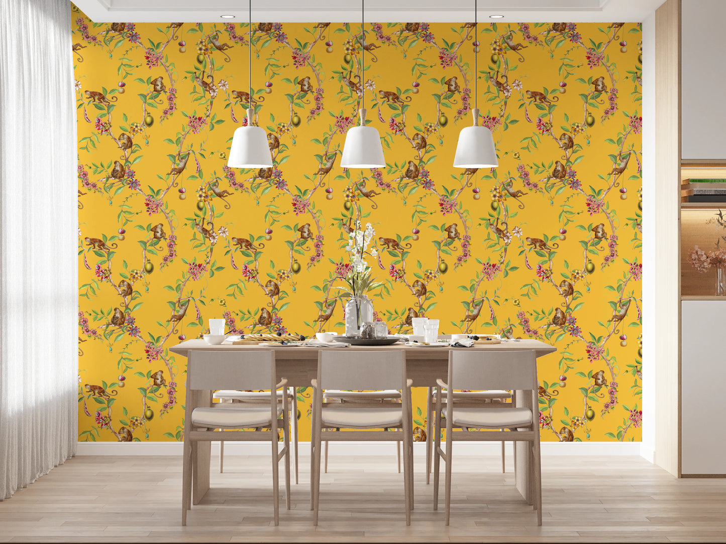 Whimsical Playing Monkeys Family Vintage Exotic Garden yellow Wallpaper⁠