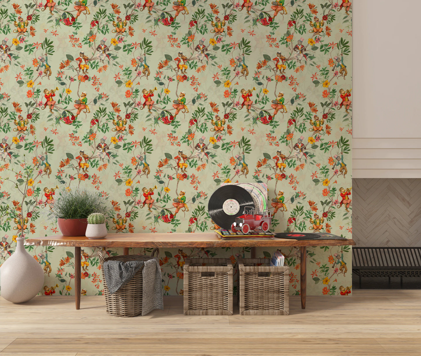Whimsical Monkeys Playing Music Vintage Exotic Fun Garden green Wallpaper⁠