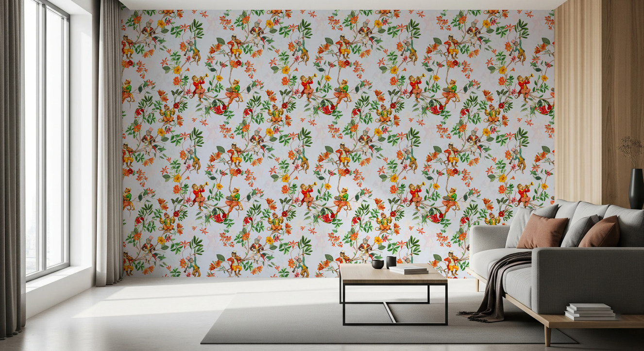 Whimsical Monkeys Playing Music Vintage Exotic Fun Garden blue Wallpaper⁠