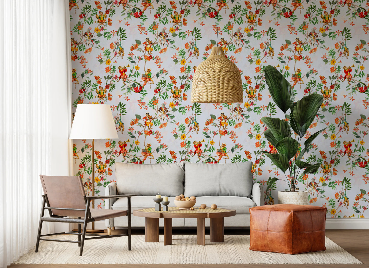 気まぐれな猿が音楽を演奏するヴィンテージエキゾチックな楽しい庭の青い壁紙⁠