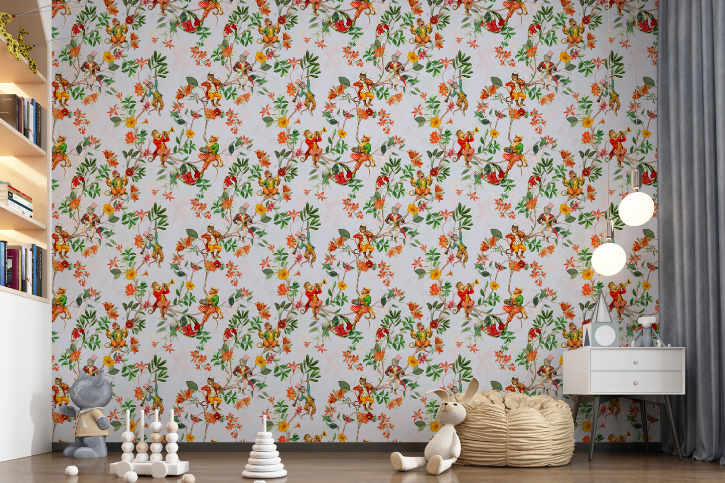 気まぐれな猿が音楽を演奏するヴィンテージエキゾチックな楽しい庭の青い壁紙⁠