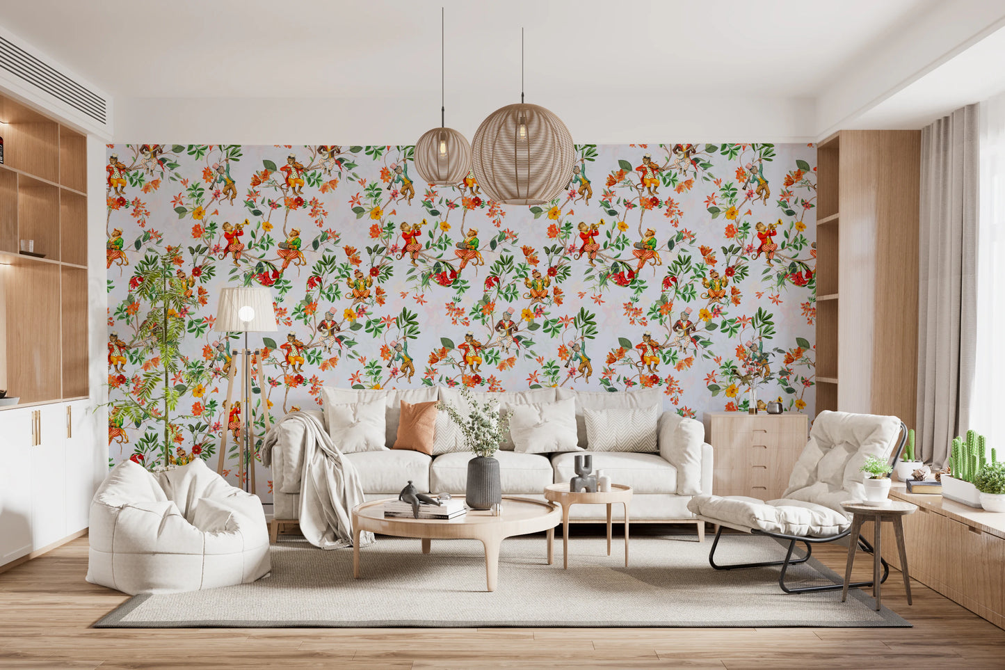 気まぐれな猿が音楽を演奏するヴィンテージエキゾチックな楽しい庭の青い壁紙⁠