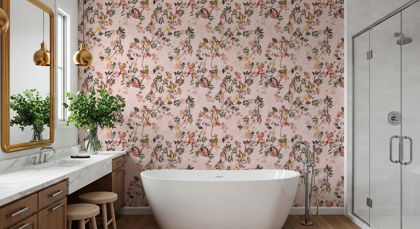 Snille apekatter som spiller musikk, vintage eksotisk morsom hage rosa tapet⁠