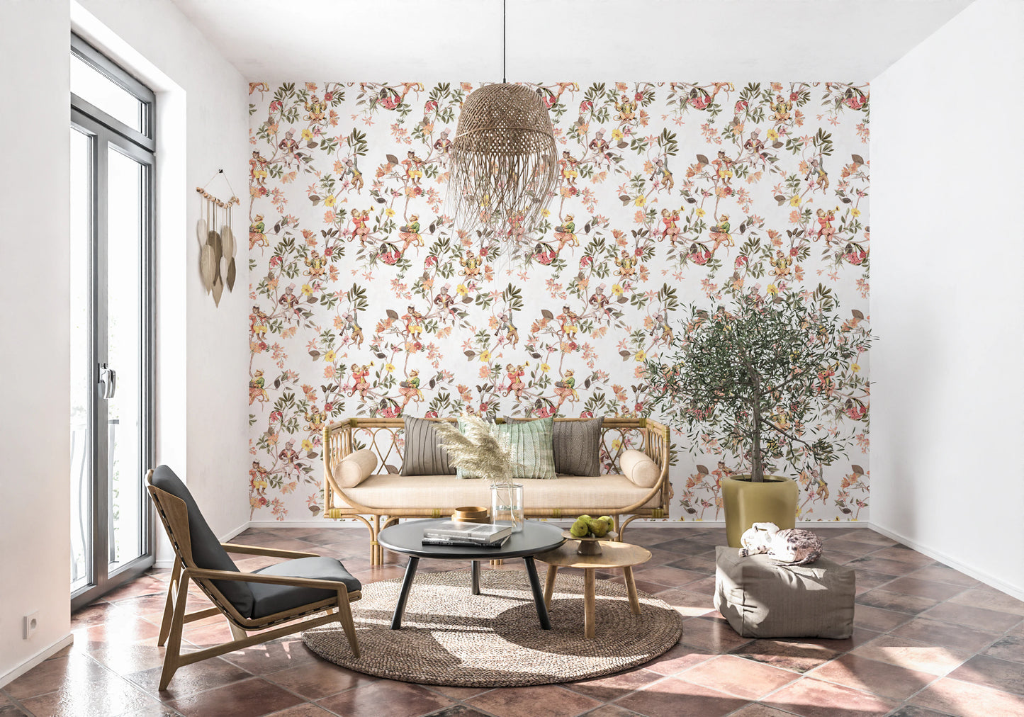 気まぐれな猿が音楽を演奏するヴィンテージエキゾチックな楽しい庭の白い壁紙⁠