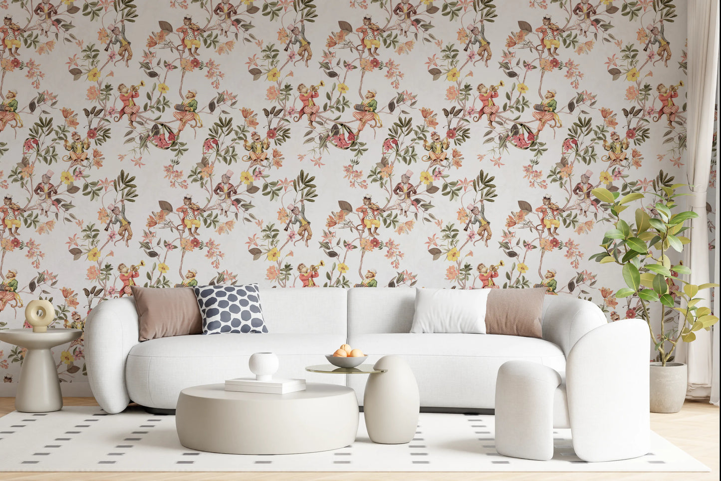 気まぐれな猿が音楽を演奏するヴィンテージエキゾチックな楽しい庭の白い壁紙⁠