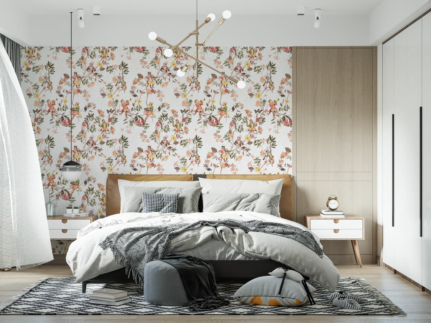 気まぐれな猿が音楽を演奏するヴィンテージエキゾチックな楽しい庭の白い壁紙⁠