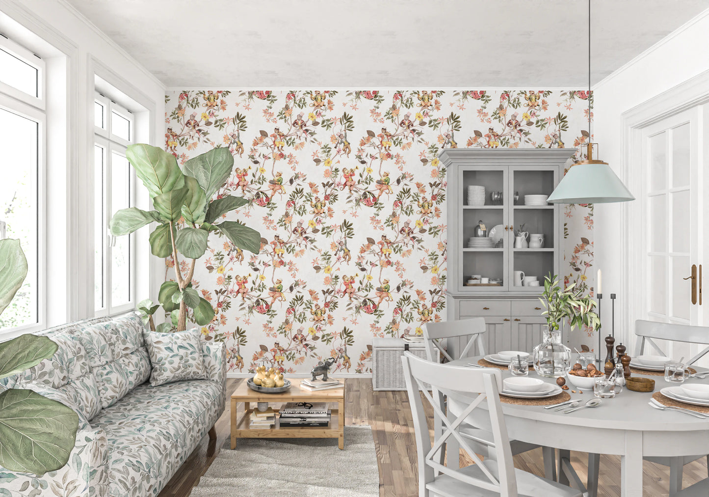 気まぐれな猿が音楽を演奏するヴィンテージエキゾチックな楽しい庭の白い壁紙⁠