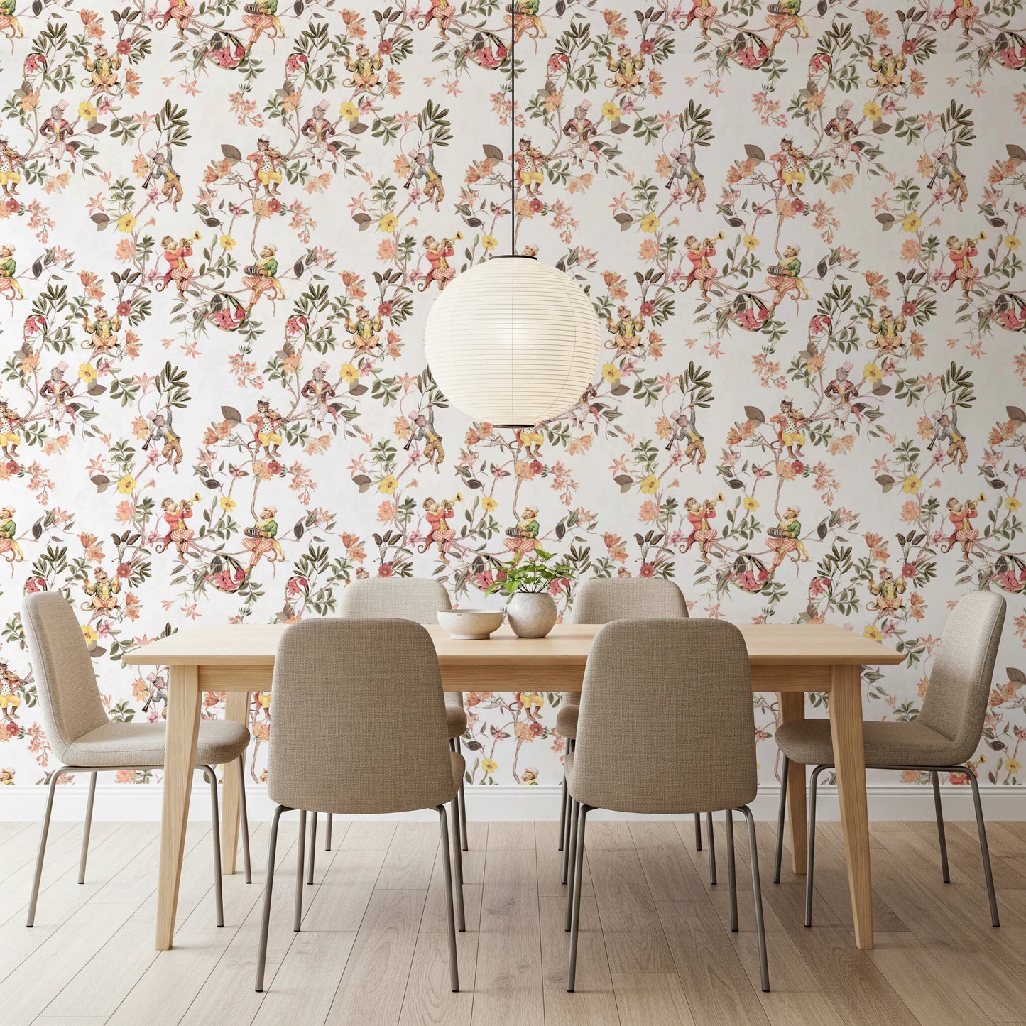 気まぐれな猿が音楽を演奏するヴィンテージエキゾチックな楽しい庭の白い壁紙⁠