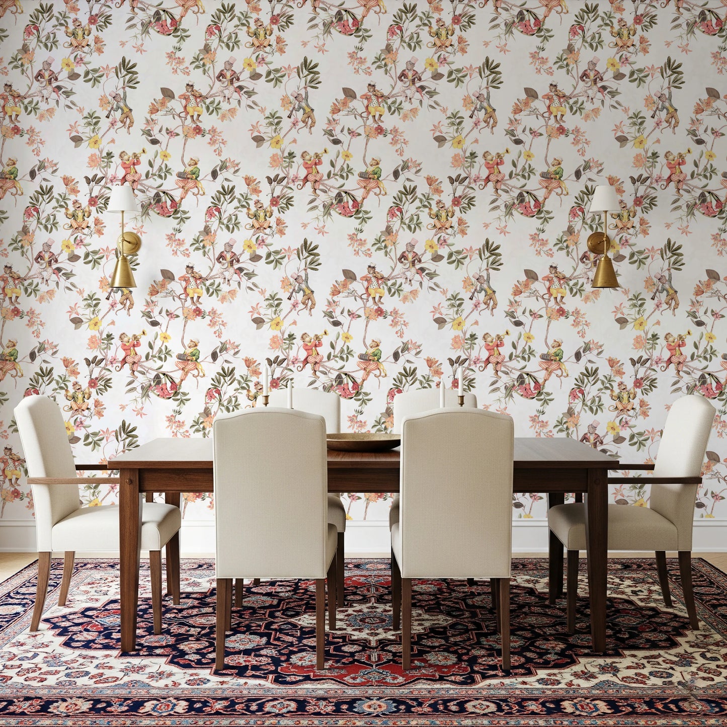 気まぐれな猿が音楽を演奏するヴィンテージエキゾチックな楽しい庭の白い壁紙⁠