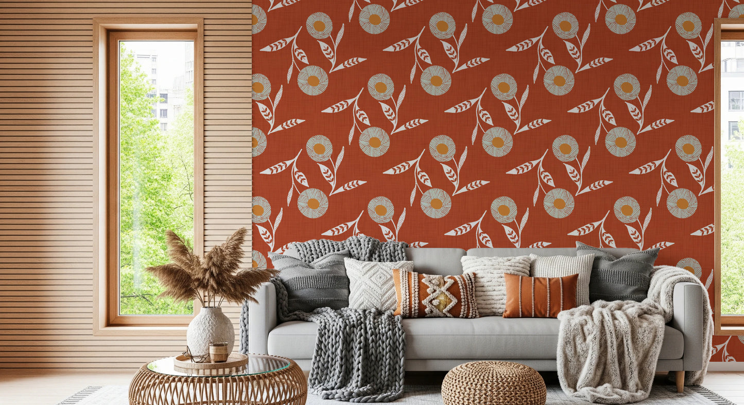Cozy Scandi Flower  Burnt Terracotta - Craft Botanical Wallpaper⁠