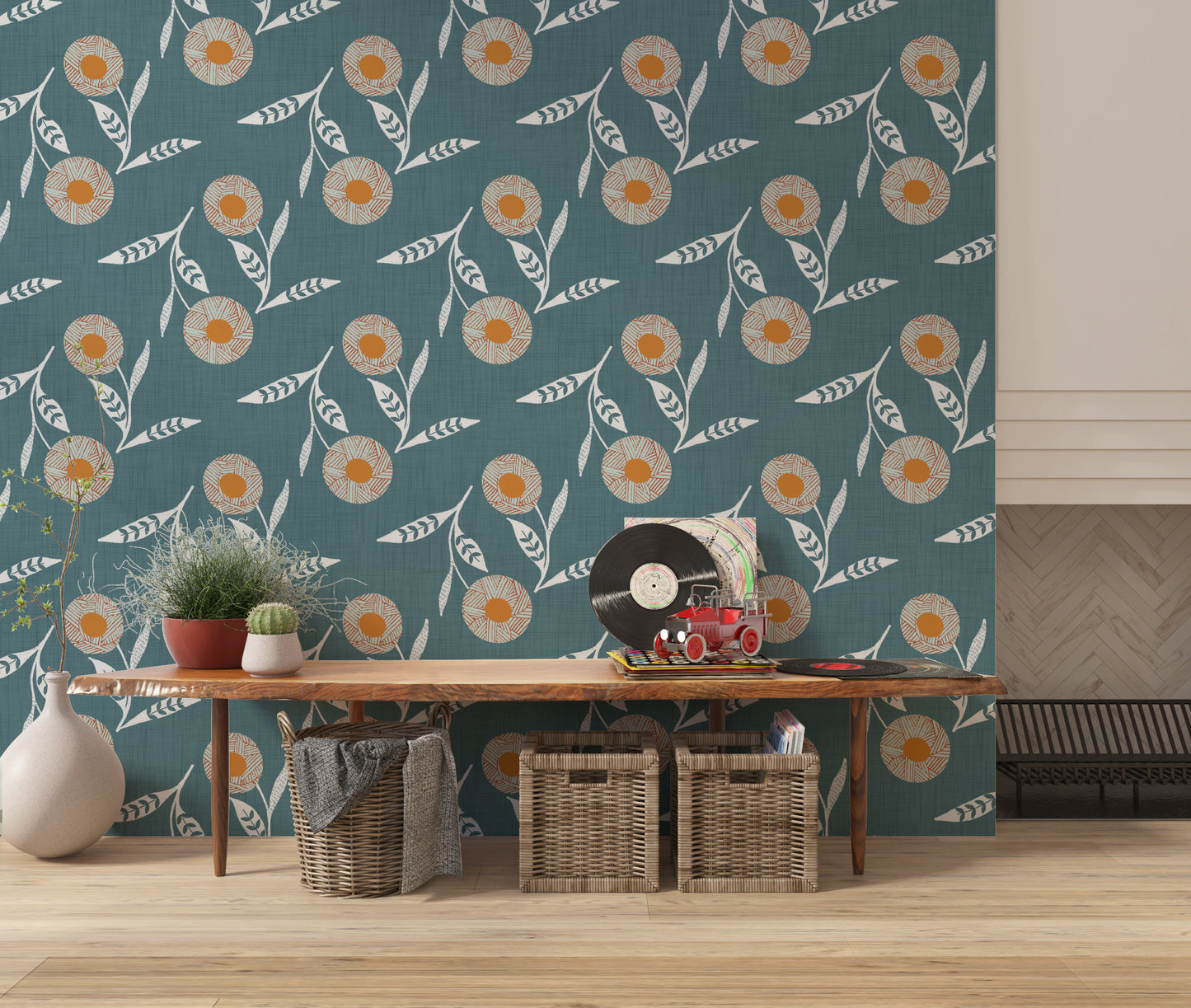 Cozy Scandi Flower Nordic Blue Grey - Craft Botanical Wallpaper⁠