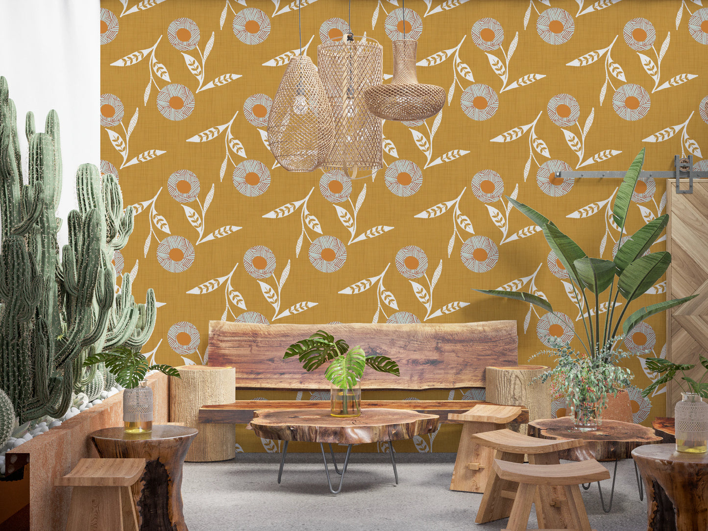 Cozy Scandi Flower Honey Mustard - Craft Botanical Wallpaper⁠