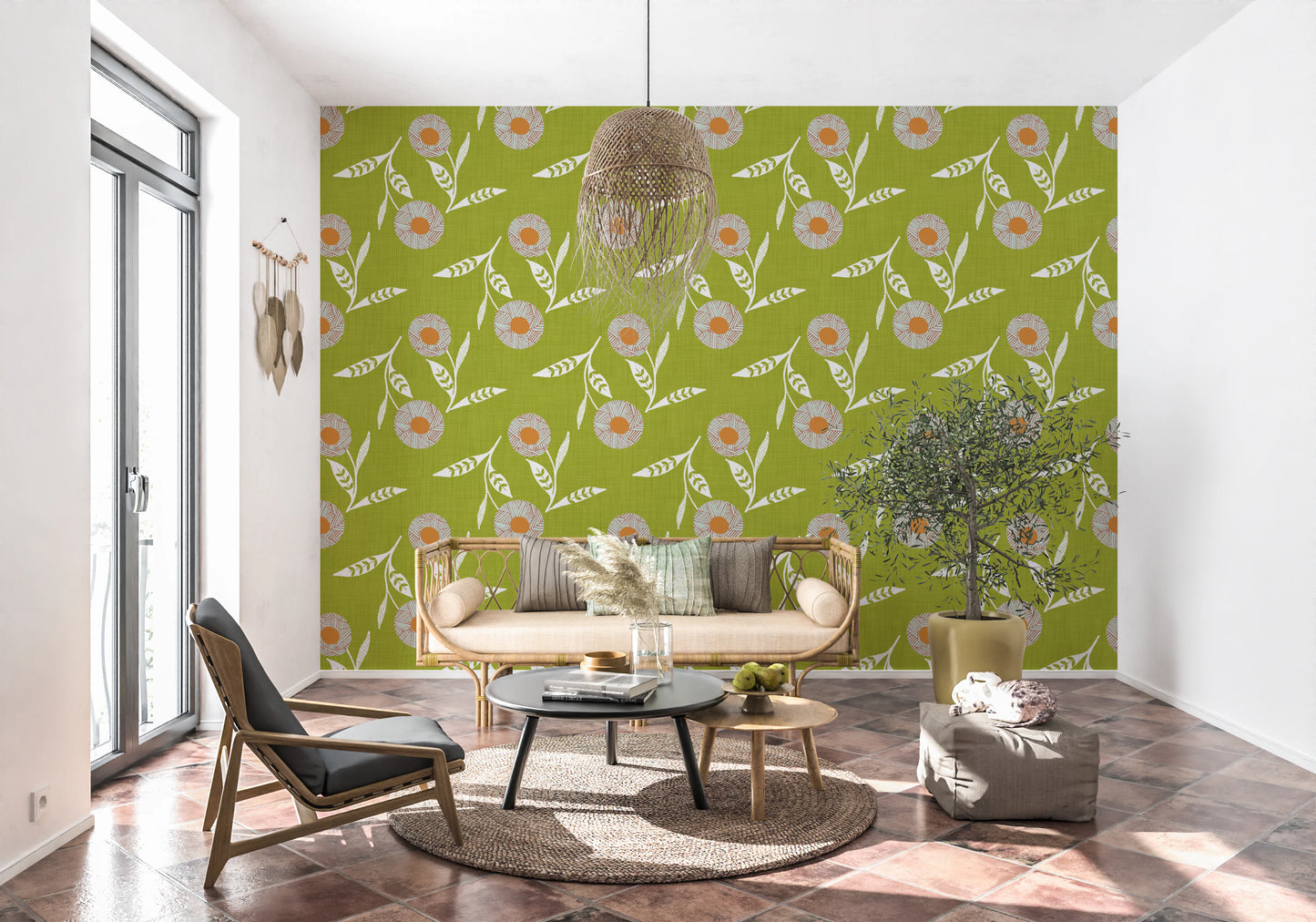 Cozy Scandi Flower Olive Chartreuse - Craft Botanical Wallpaper⁠
