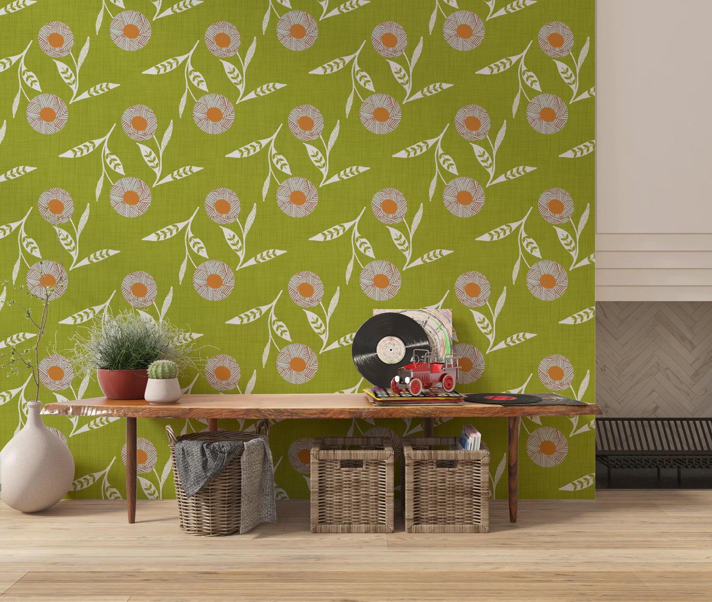 Cozy Scandi Flower Olive Chartreuse - Craft Botanical Wallpaper⁠