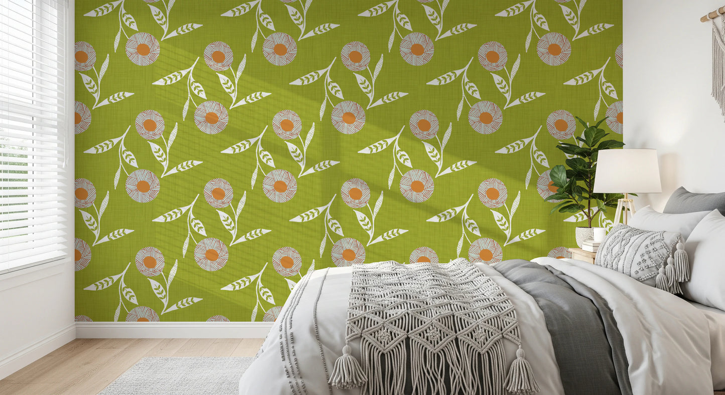 Cozy Scandi Flower Olive Chartreuse - Craft Botanical Wallpaper⁠