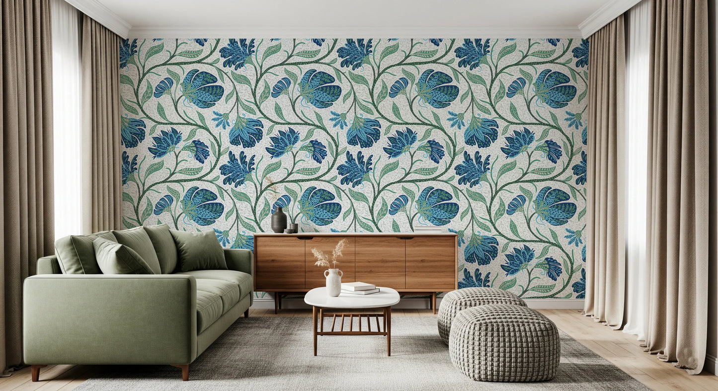 Trailing Indina Floral - Blue and White Wallpaper⁠