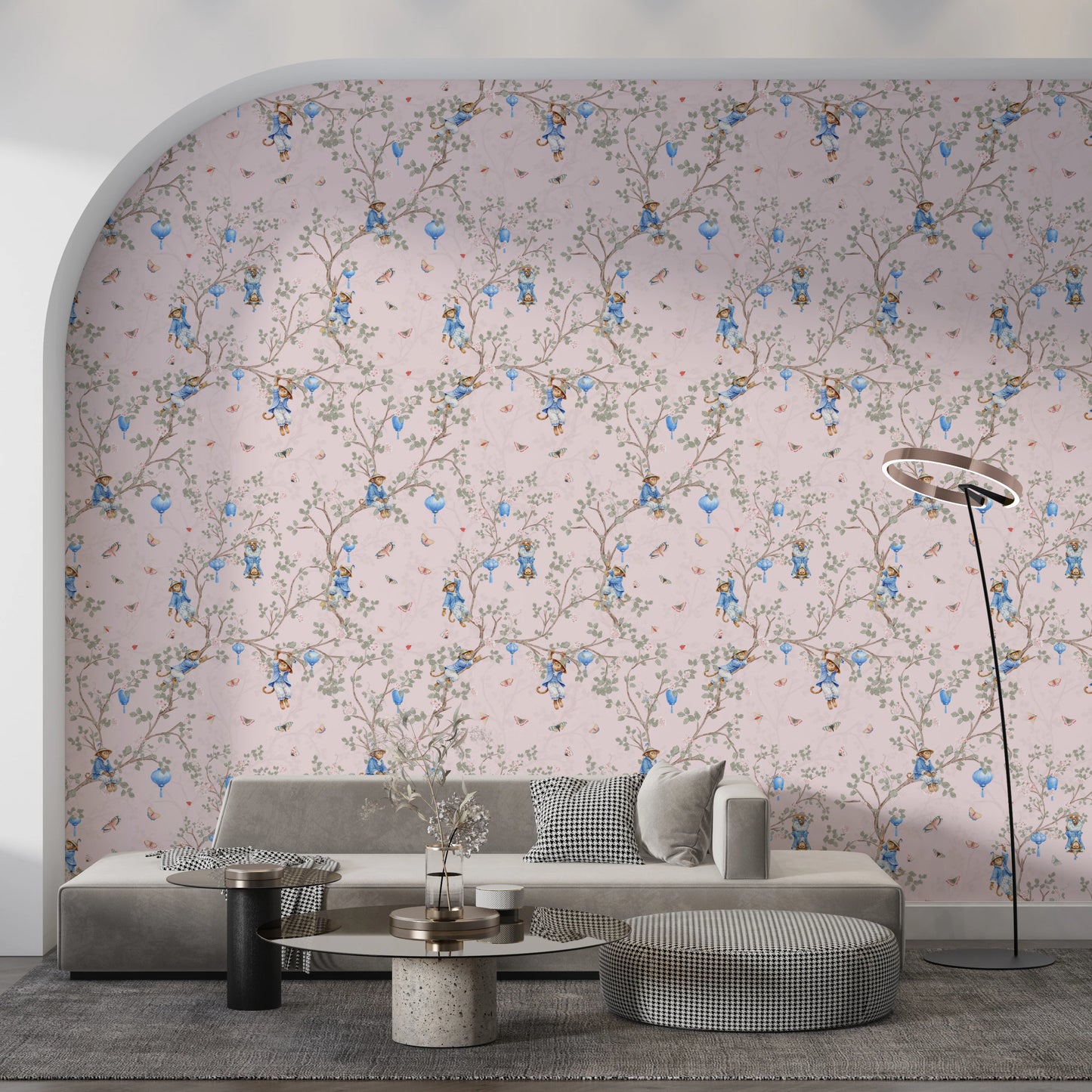 Vintage Rokoko Chinoiserie Asiatische Laternen mit Affen und Kirschblüten rosa Tapete