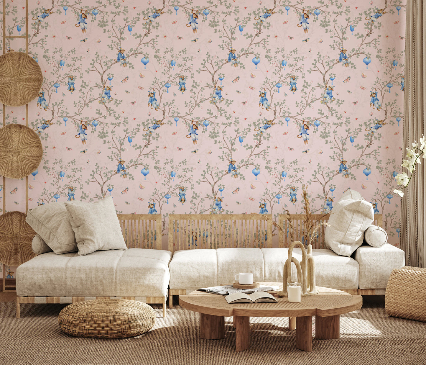 Vintage Rokoko Chinoiserie Asiatische Laternen mit Affen und Kirschblüten rosa Tapete