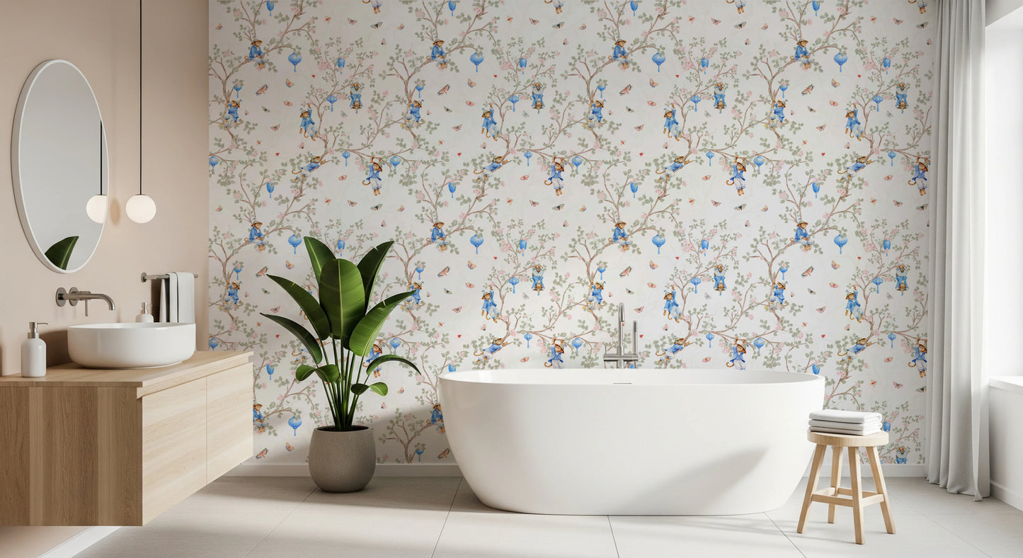 Vintage Rococo Chinoiserie Asian Lanterns with Monkeys and Sakura Flowers white Wallpaper⁠